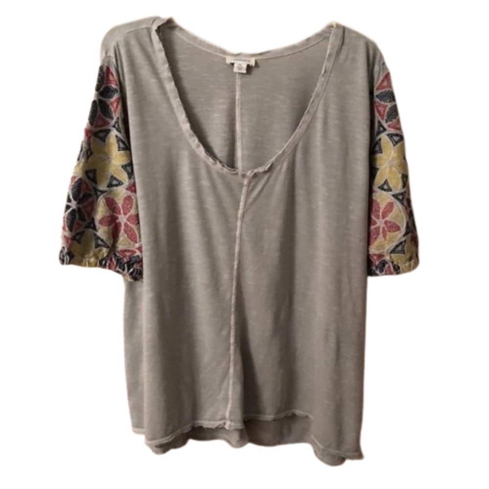 SUNDANCE XXL BLUE GREEN EMBROIDERED SLEEVE RAW EDGE V NECK RELAXED TOP TEE SHIRT